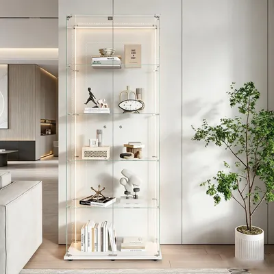 Productafbeelding van INONEFT Glazen displaykast, verzamelvitrine, 5-laags glazen displaykast met 2 deuren en slot, vitrinekast, wit, 78,5 x 36,5 x 183 cm
