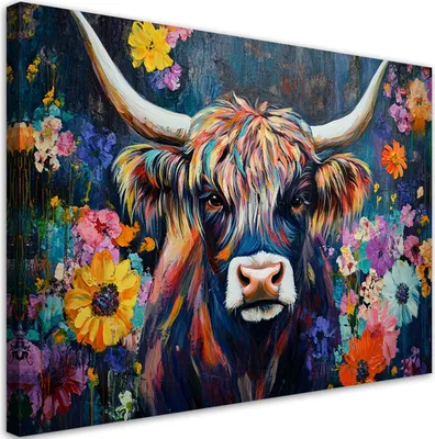 Produktbild von Leinwandbild Schottische Kuh Bunt Abstraktion 120x80 Feeby Bunt bild für die wand bereit zum aufhängen