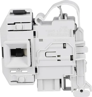 A white washing machine door lock mechanism.