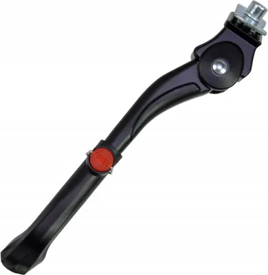 A black bicycle kickstand with a red button is shown against a white background.