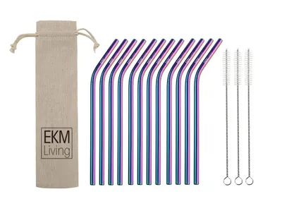 Image de EKM Living Edelstahl Strohhalme 12er Set Rainbow gebogen GmbH, Trinkhalme, bruchfest, wiederverwendbar, spülmaschinengeeignet, plastikfrei (Rainbow gebogen, 12)