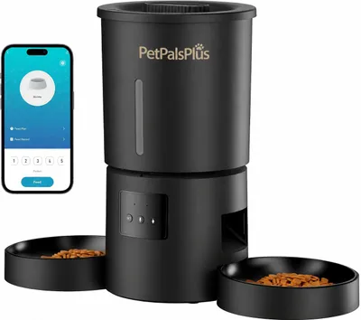 Produktbild von Futterautomat Katze 2 Näpfe mit APP: 5L Automatischer Futterspender mit 2.4G WiFi Timer für Trockenfutter - AONBOY Doppelnapf Design für Mehrkatzenhaushalte & Hunde - Schwarz