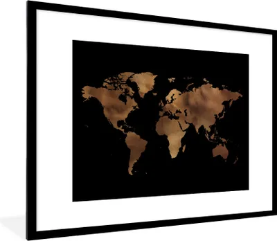 Produktbild von MuchoWow® Gerahmtes Poster Weltkarte - Braun - Schwarz 80x60 cm - Poster mit Schwarzem Bilderrahmen Wandposter Rahmen Foto Bilder - Schlafzimmer-Dekorationen - Fotoposter