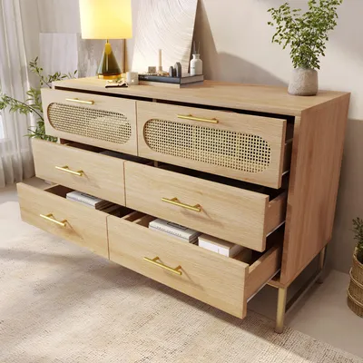 Image de Commode en rotin avec 6 tiroirs, meuble de rangement, table de maquillage pour salon & chambre, poignées métalliques, antidéversement, 120x40x74 cm