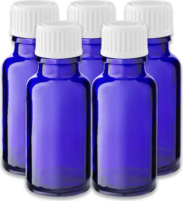 Produktbild von 5x Blaue Glasflasche 20 ml mit weißem PP-Schraubverschluss 18/415 leer