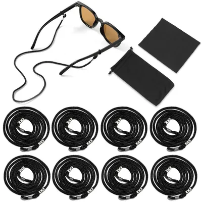 Immagine prodotto di 8 elastici per occhiali in nylon, neri, regolabili, adatti per sport e attività all'aperto, con panno per la pulizia e custodia