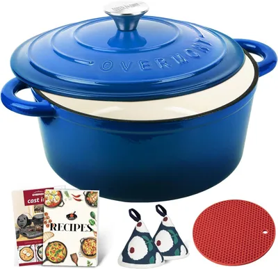 Obrázok produktu pre Liatinový hrniec Overmont 26 cm - smaltovaný pekáč s pokrievkou v modrej farbe
