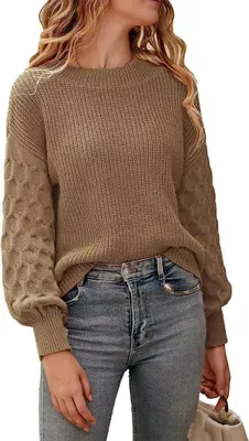 Produktbild von ASKSA Damen Pullover Laternenaermeln Strickpullover Rundhals Langarm Pulli Einfarbig Sweater Tops, Khaki, L
