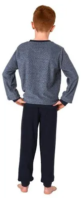 Produktbild von Warmer Jungen Frottee Pyjama / Schlafanzug mit Bündchen und Stickerei ; hellblau , 164