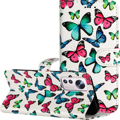 Produktbild von CLM-Tech Hülle kompatibel mit Xiaomi 12 Pro - Tasche aus Kunstleder - Klapphülle mit Ständer und Kartenfächern, bunte Schmetterlinge