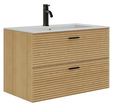 Produktbild von Gestreifter hängender Badezimmerschrank mit Einbauwaschbecken und Armatur - 2 Schubladen - Helles Naturholz - 80 cm - SARONE