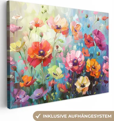 Produktbild von MuchoWow® - Leinwandbilder - Blumen - Farbenfroh - Aquarell - Natur - Sommer, Wandbild, Wanddeko Bilder Wohnzimmer, 80x60cm