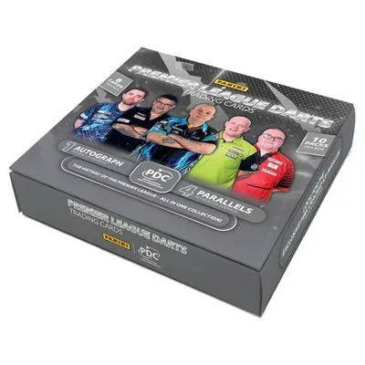 A box of Panini PDC Premier League Darts trading cards.