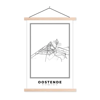 Produktbild von MuchoWow® Textilposter Belgien - Ostende - Stadtplan - Karte - Schwarz und weiß - Karte 120x180 cm mit holzfarbenen Rahmen - Textil-Plakat