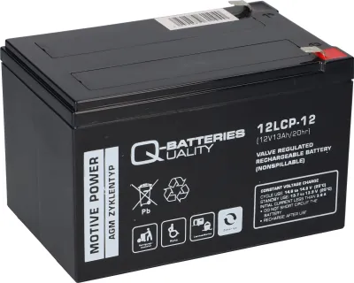 A black rechargeable battery with labels and symbols.