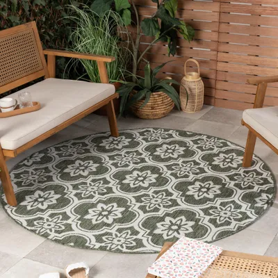 Produktbild von Volero - Outdoor Teppich Rund - Rio Flower Grün - Ø 120 cm - Balkon, Garten, Terrasse, Wintergarten - Boho