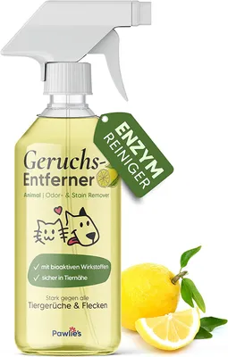 A bottle of pet odor and stain remover with lemons and leaves.