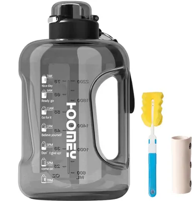 A gray water bottle with time markings and motivational phrases, along with a bottle brush and a holder.