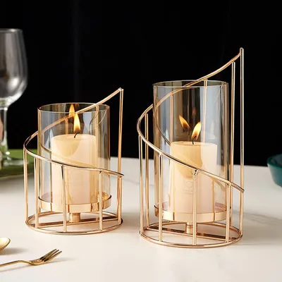 Kerzenhalter-Set aus Metall und Glas, 2 Stück, gold, für Tischdeko