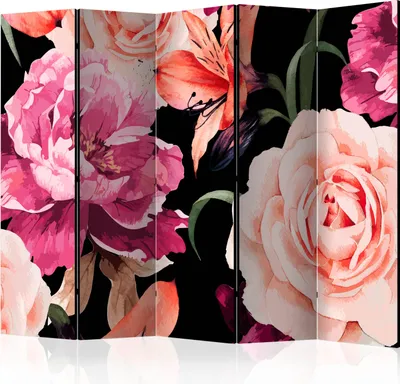 Zdjęcie produktu dla Parawan akustyczny Kwiaty 225x172 cm 5-częściowy czarny