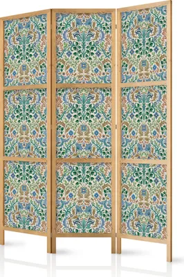 A three-panel room divider with a vintage floral pattern.
