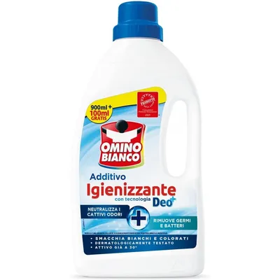 A white plastic bottle of Omino Bianco laundry additive.