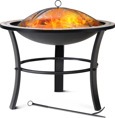 Image de Brasero rond Fuego Ø 76 cm acier laqué pierres mosaïque accessoires couvercle jardin terrasse feu bois charbon briquette barbecue