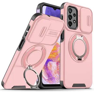 Obrázek produktu pro Dvouvrstvé pouzdro pro Samsung Galaxy A23 5G/4G, s posuvným krytem fotoaparátu a magnetickým kroužkovým stojánkem Růžový