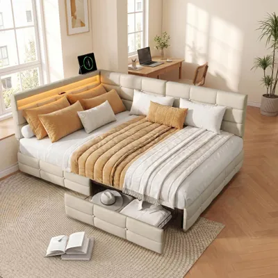 Immagine prodotto di Letto imbottito INONEFT, 140 x 190 cm, con spazio contenitore, design a L, dotato di striscia LED e porta USB, 2 cassetti situati nella parte inferiore, rivestito in lino, colore beige