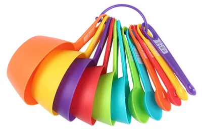 Produktbild von 1 Set Messlöffel in Lebensmittelqualität, leuchtende Farbe, glatte Kante, Skalenmarkierung, leicht zu lesen, Zuckerpulver, Gewürzlöffel, Messbecher, Küchenbedarf