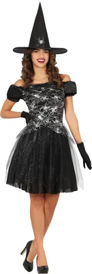 Produktbild von Hexen Halloween Kostüm Schwarzes Zauberkleid Hut Glitzer Spinnennetz, Größe: 36 - 38 (S) Farbe: Schwarz
