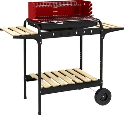 Image de Barbecue au charbon de bois - Chariot - Grille réglable en hauteur - Avec roulettes - Fer - Rouge