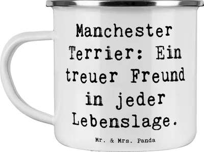 Produktbild von Mr. & Mrs. Panda Pott Spruch Manchester Terrier Freundschaft - Weiß - Geschenk, Hundeliebhaber, Emaille Tasse, Hunderassen Eigenschaften, intelligenter Hund, Kaffeepott