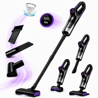 Produktbild von 4-in-1 Akku-Staubsauger, 15.000 Pa, kabelloser Hand- und Stielstaubsauger mit LED-Anzeige & HEPA-Filter, für Hartboden, Teppich und Tierhaare, Lila