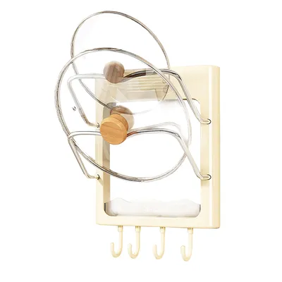 Produktbild von Topfdeckelhalter, Wandmontage Schneidebrettregal, Küchenregal Mit 2er Ablageflächen und 4er Haken，bohrfreier Küchen Aufbewahrungsregal，Gelb