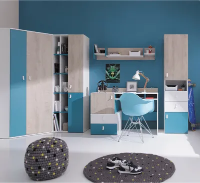 Produktbild von Jugendzimmer Set 5-teilig PITTSBURGH-133 mit Schreibtisch in weiß mit Eiche und blau