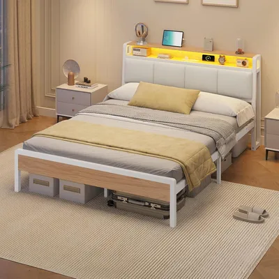 Image de Lit rembourré KIMENICH 140 x 190 cm, avec éclairage LED et station de recharge, blanc