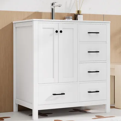 Image de Meuble sous-vasque Merax avec vasque en céramique, 4 tiroirs, 2 portes, meuble de salle de bains indépendant, mobilier de salle de bains, 76 x 46,3 x 82,3 cm, blanc