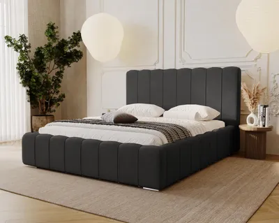 Obrázek produktu pro Čalouněná postel 180x200 Lisbon – dvojlůžko 180 x 200 s kovovým roštem, čelem a úložným prostorem – samet černý