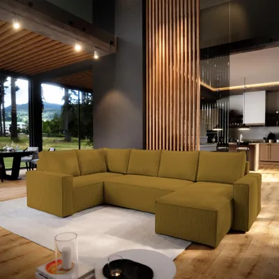 Produktbild von Masseno Ecksofa NORENA L-S mit Schlaffunktion U-Form, Sofa mit Bettkasten, Wohnzimmersofa, Couch, Soffa, Bettsofa, Couchgarnitur- Gelb, POSO 01