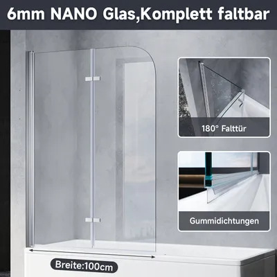 Image de SONNI Rehausse de baignoire 100x130cm argenté, paroi de douche rabattable pour baignoire, verre NANO ESG 6mm