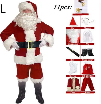 Produktbild von 11 Stück Santa Claus Cosplay Kostüm Weihnachten Neue Jahr Männer Kostüme Deluxe Klassische Erwachsene Set Karneval Party RolePlay Anzüge, rot, L