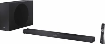 A black soundbar, subwoofer, and remote control are displayed against a white background.