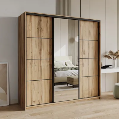Produktbild von Masseno Schiebetürenschrank VARO 200/205/60 cm Kleiderschrank mit Schubladen Schlafzimmer Schrank 3-türig mit Spiegel Eiche Wotan + Schwarz