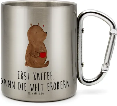 Produktbild von Mr. & Mrs. Panda Thermobecher Bär Kaffee - Transparent - Geschenk, Coffee, thermotasse, Bären, Motivation, karabiner tasse, Teddy, Edelstahl Trinkbecher, Teetasse