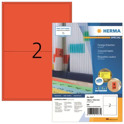 Productafbeelding van HERMA etiketten, A4, rood, 199,6 x 143,5 mm, mat papier, 1400 stuks.