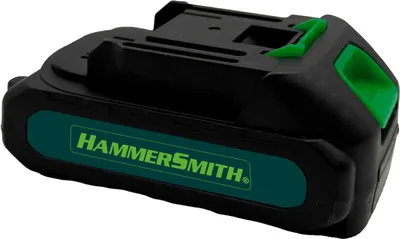 A black and green battery pack for power tools, with the brand name 'HAMMERSMITH' visible.