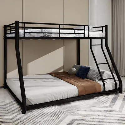 A black metal bunk bed with a twin-sized mattress on top and a full-sized mattress on the bottom, set in a bedroom with a patterned rug and neutral walls.