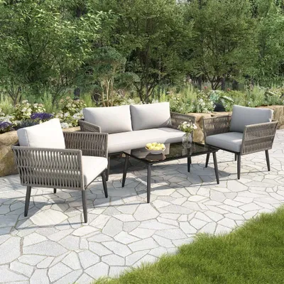 Image de AIORBER Ensemble de salon de jardin, canapé 2 places, 2 fauteuils et table basse avec plateau en verre, structure en acier galvanisé,coussins confortables, pour jardin,terrasse,gris