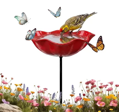 Immagine prodotto di Abbeveratoio per uccelli a forma di fiore, decorazione da giardino in resina e metallo, colore rosso, dimensioni 14x14x65 cm, ideale per api e farfalle